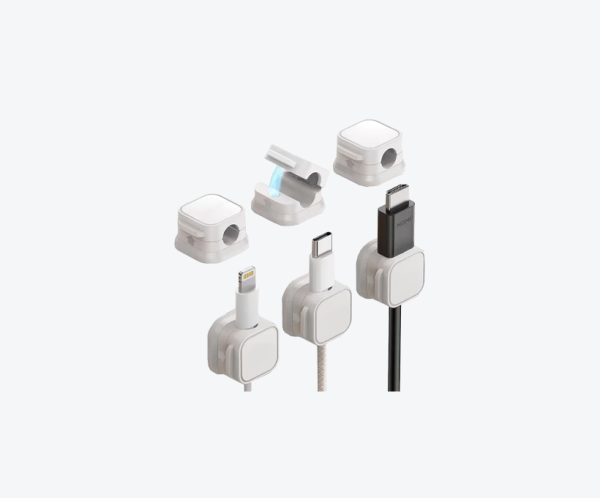 Suport magnetic pentru managementul cablurilor sub / pe birou, cu fixare adeziva (set de 3)– alb