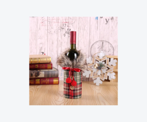 Set de decoratiuni de Craciun pentru sticle de vin, realizat din panza de sac si guler din blana, cu funda decorativa – ideal pentru cadouri de afaceri-rosu