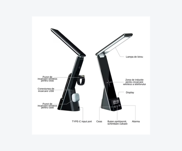 Lampa de birou cu protectie pentru ochi, incarcare wireless integrata si afisaj digital pentru ceas, alarma-fara alimentator-Neagra