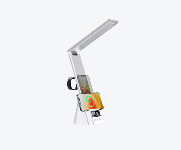 Lampa de birou cu protectie pentru ochi, incarcare wireless integrata si afisaj digital pentru ceas, alarma-fara alimentator-Alba