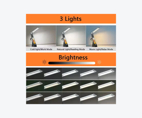 Lampa de birou cu protectie pentru ochi, incarcare wireless integrata si afisaj digital pentru ceas, alarma-fara alimentator-Neagra