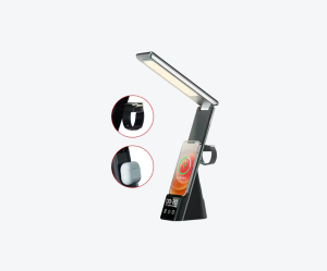 Lampa de birou cu protectie pentru ochi, incarcare wireless integrata si afisaj digital pentru ceas, alarma-fara alimentator-Neagra